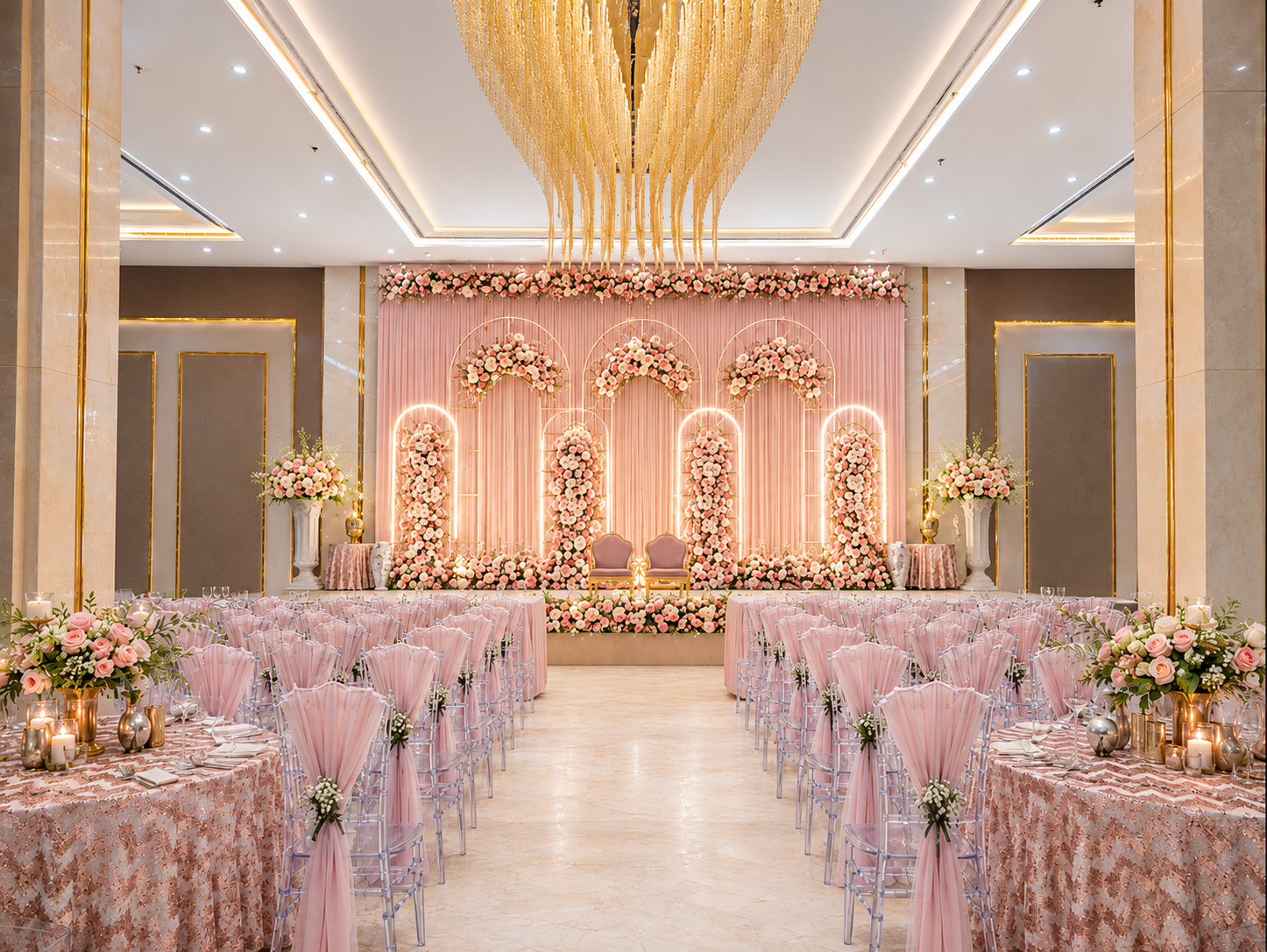 A blush-themed wedding hall at Vijan Mahal